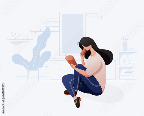 Flat Graphic design illustration of a woman or girl relaxing at home in living room reading a book for education, learning, school, online courses, training or back to school vector