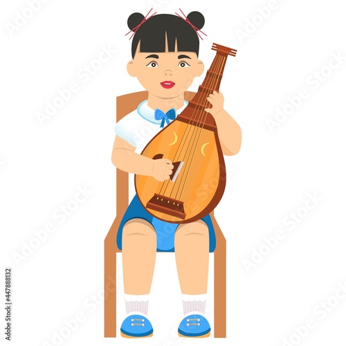 Biwa. Japanese girl playing a Japanese instrument. Schoolgirl from a music school. Vector. Cartoon style. Fictional character.