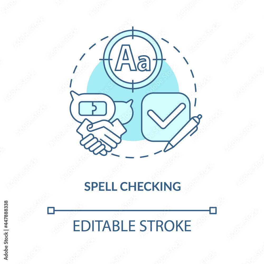 Spell checking blue concept icon. Messenger with grammar control. Instant chat service. Messaging software abstract idea thin line illustration. Vector isolated outline color drawing. Editable stroke Spell checking blue concept icon. Messenger with grammar control. Instant chat service. Messaging software abstract idea thin line illustration. Vector isolated outline color drawing. Editable stroke