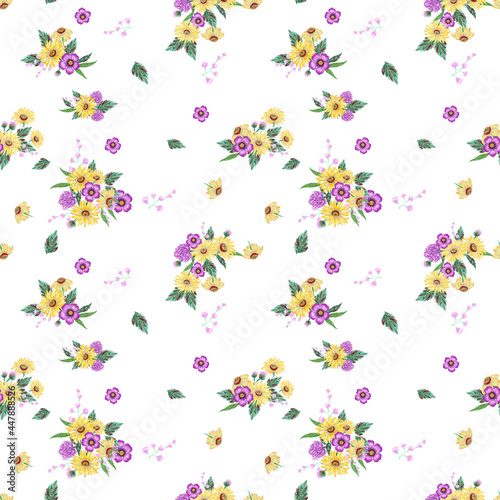 Hand painting seamless repeat background pattern inspired by bouquet yellow and purple flower