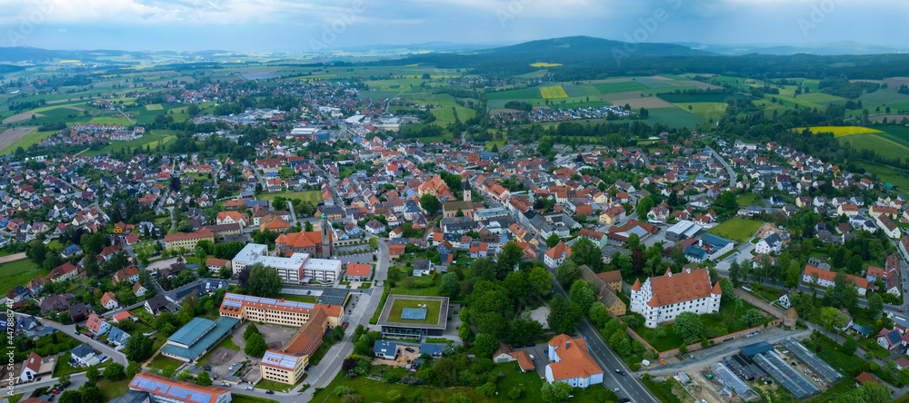 Aerial view of the city Vohenstrauß in Germany, on a cloudy day in spring.