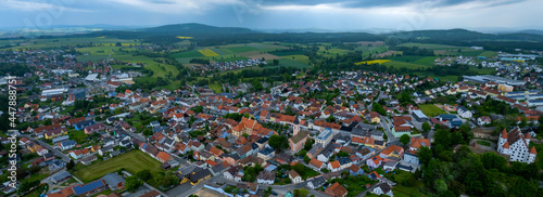 Aerial view of the city Vohenstrauß in Germany, on a cloudy day in spring.