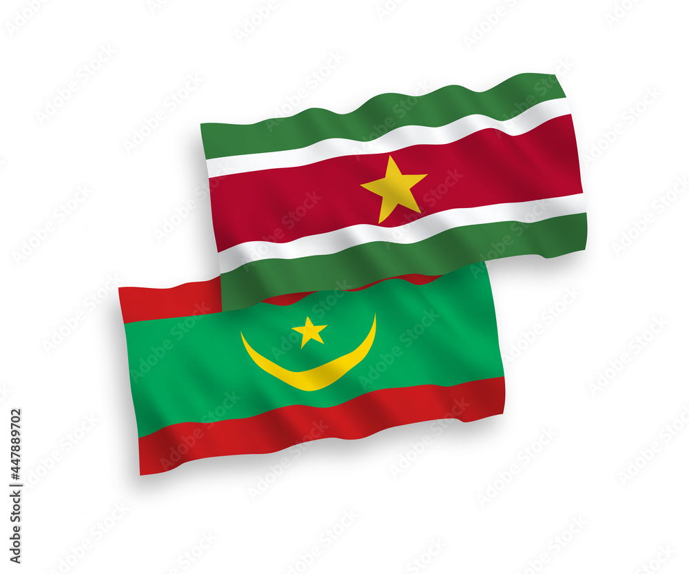 National vector fabric wave flags of Islamic Republic of Mauritania and Republic of Suriname isolated on white background. 1 to 2 proportion. National vector fabric wave flags of Islamic Republic of Mauritania and Republic of Suriname isolated on white background. 1 to 2 proportion.