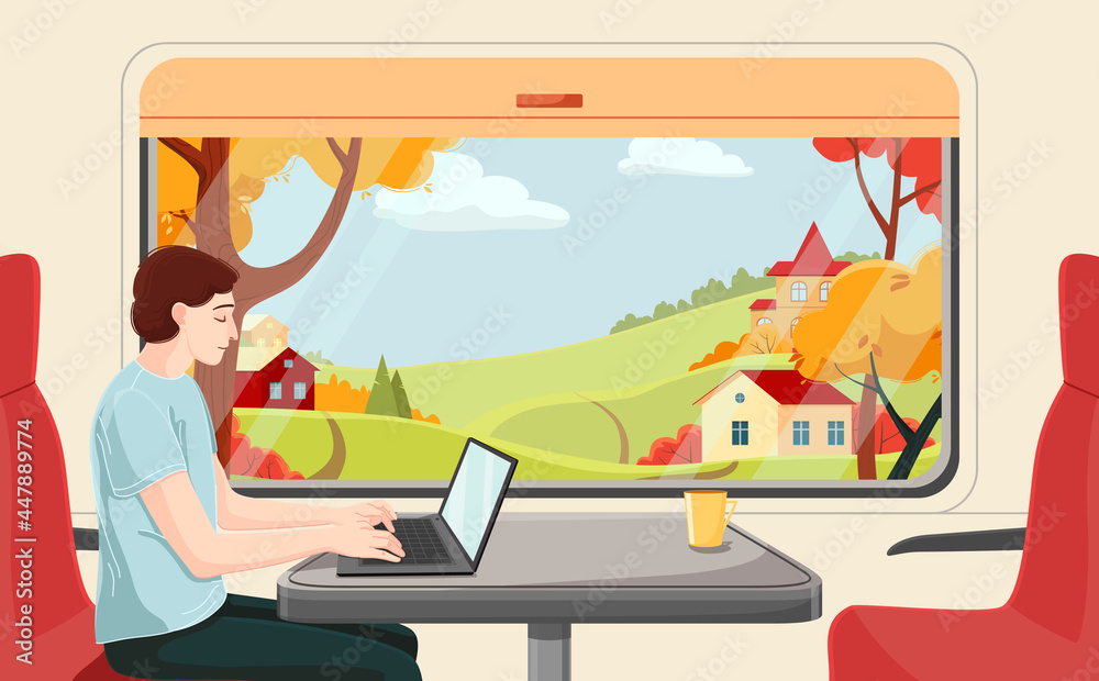 A man works on a laptop in a train carriage. Vector colorful illustration. Autumn landscape with houses, fields and trees outside the window. Comfortable train carriage. Traveling by rail.