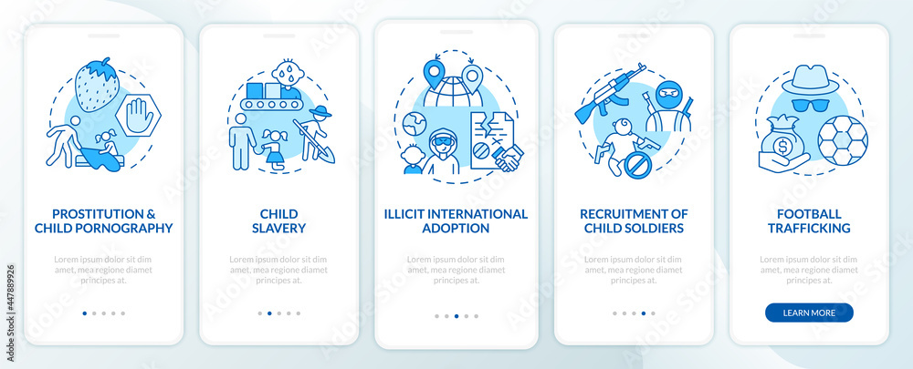 Trafficking of kids blue onboarding mobile app page screen. Enslaved kids walkthrough 5 steps graphic instructions with concepts. UI, UX, GUI vector template with linear color illustrations Trafficking of kids blue onboarding mobile app page screen. Enslaved kids walkthrough 5 steps graphic instructions with concepts. UI, UX, GUI vector template with linear color illustrations