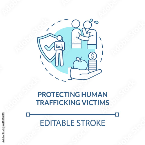 Fototapeta Naklejka Na Ścianę i Meble -  Protecting human trade victims blue concept icon. Help and assist trafficking victims abstract idea thin line illustration. Support service. Vector isolated outline color drawing. Editable stroke