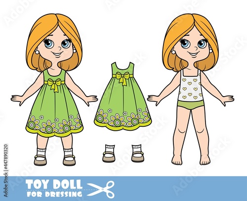Cartoon girl with bob hairstyle in underwear , dressed and clothes separately - green dress with flowers embroidery and sandals doll for dressing