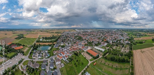 Drone panorama over the village Biebesheim in the Hessian district Gross-Gerau