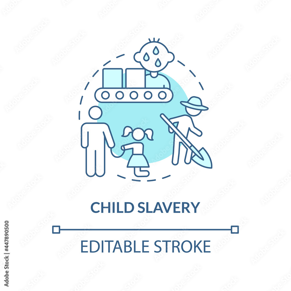 Child slavery blue concept icon. Children forced to work abstract idea thin line illustration. Illegal enslavement of kids. Children abuse. Vector isolated outline color drawing. Editable stroke Child slavery blue concept icon. Children forced to work abstract idea thin line illustration. Illegal enslavement of kids. Children abuse. Vector isolated outline color drawing. Editable stroke