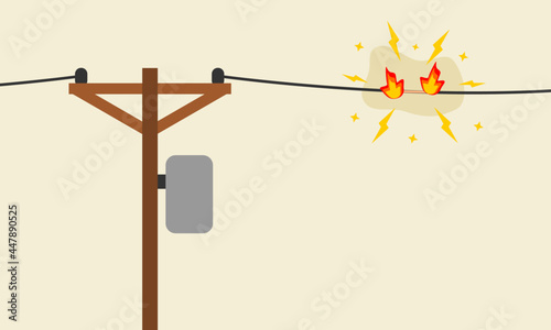 Wooden voltage electric pole and transformer wire damaged and short circuit with fire spark on brown background copy space flat vector.
