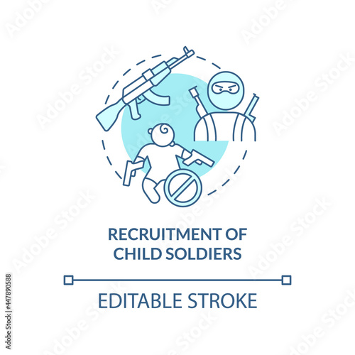 Recruitment of child soldiers blue concept icon. Children exploited in war abstract idea thin line illustration. Armed children as soldiers. Vector isolated outline color drawing. Editable stroke