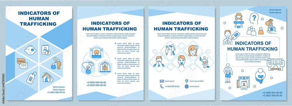 Indicators of human exploitation brochure template. Flyer, booklet, leaflet print, cover design with linear icons. Vector layouts for presentation, annual reports, advertisement pages