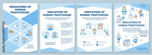 Indicators of human exploitation brochure template. Flyer, booklet, leaflet print, cover design with linear icons. Vector layouts for presentation, annual reports, advertisement pages