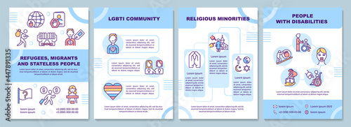 Vulnerable groups that suffer from human trade brochure template. Flyer, booklet, leaflet print, cover design with linear icons. Vector layouts for presentation, annual reports, advertisement pages
