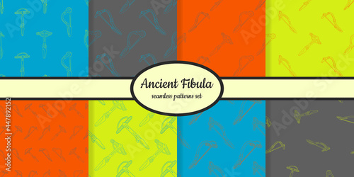 Collection of seamless patterns with ancient brooch fibula designed for web, fabric, paper and all prints 