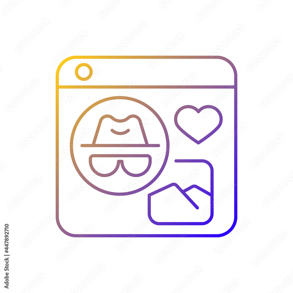 Anonymous social media gradient linear vector icon. Sharing content and interacting with people anonymously. Thin line color symbols. Modern style pictogram. Vector isolated outline drawing Anonymous social media gradient linear vector icon. Sharing content and interacting with people anonymously. Thin line color symbols. Modern style pictogram. Vector isolated outline drawing