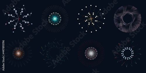 Wave vector circular element with abstract colorful line sets on dark background use for banner, poster, website. Curve flow motion illustration.