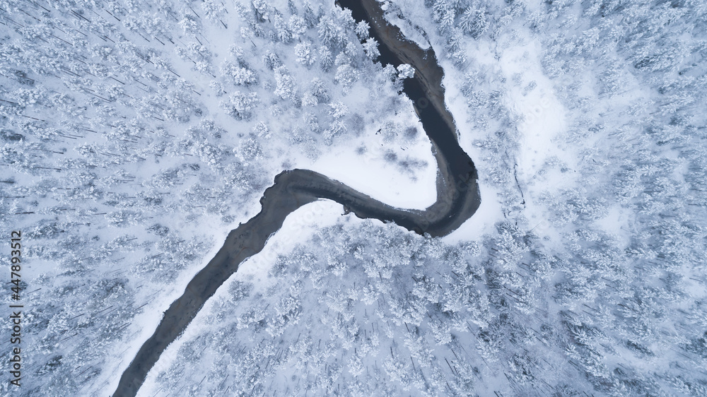 Aerial view of winding river and beautiful snowy forest in Finland. Winter season.