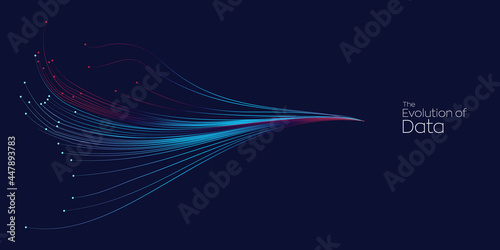 Evolution of data. Vector explosion motion dot lines background. Small particles strive out of center. vector illustration use for quantum technology, digital, science, music, communication.
