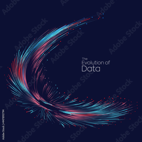 Evolution of data. Vector explosion motion dot lines background. Small particles strive out of center. vector illustration use for quantum technology, digital, science, music, communication.
