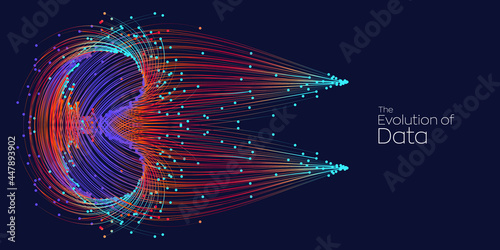 Evolution of data. Vector explosion motion dot lines background. Small particles strive out of center. vector illustration use for quantum technology, digital, science, music, communication.
