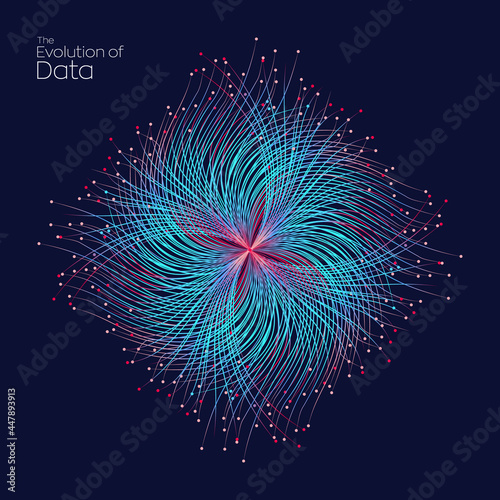 Evolution of data. Vector explosion motion dot lines background. Small particles strive out of center. vector illustration use for quantum technology, digital, science, music, communication.
