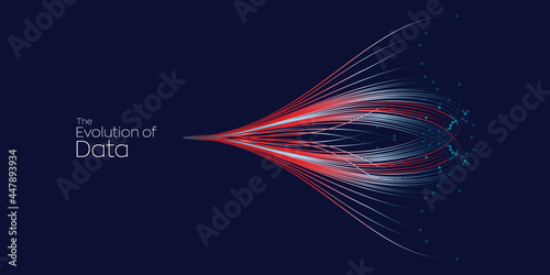 Evolution of data. Vector explosion motion dot lines background. Small particles strive out of center. vector illustration use for quantum technology, digital, science, music, communication.
