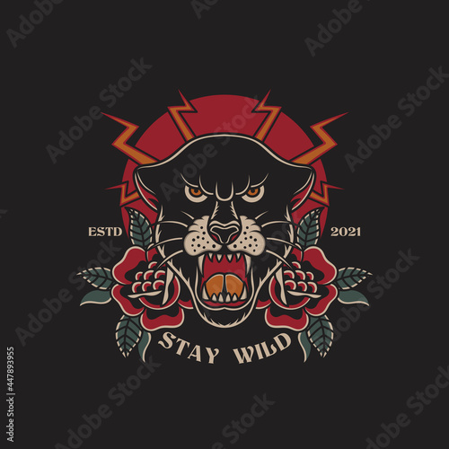 Illustration of stay wild black panther traditional tattoo vector
