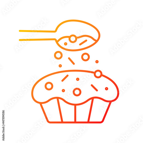 Sprinkle for baking gradient linear vector icon. Pouring topping from spoon on cupcake. Dessert recipe. Thin line color symbols. Modern style pictogram. Vector isolated outline drawing