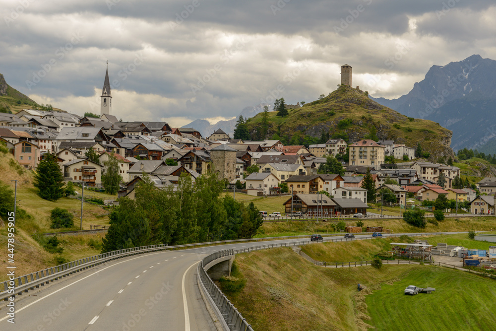 View at the village of Ardez and Steinsberg castle in the Swiss alps