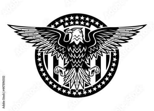 Round icon with bald eagle and stars on white background.