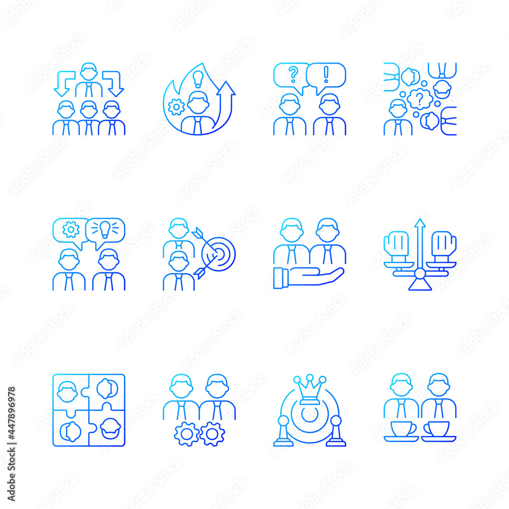 Teamwork related gradient linear vector icons set. Common goals and its achievement. Team members coordination. Thin line contour symbols bundle. Isolated vector outline illustrations collection Teamwork related gradient linear vector icons set. Common goals and its achievement. Team members coordination. Thin line contour symbols bundle. Isolated vector outline illustrations collection