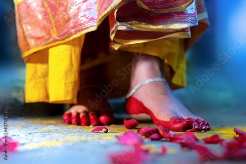 red alta design on indian hindu wedding marriage bride girl lady leg feet photo