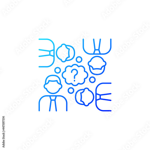 Collective thinking gradient linear vector icon. People and question mark. Effective business conversation. Thin line color symbols. Modern style pictogram. Vector isolated outline drawing