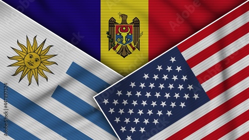 Moldova United States of America Uruguay Flags Together Fabric Texture Effect Illustration