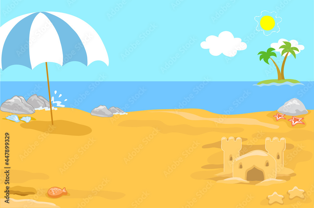 Seascape background with sandy beach and umbrella, vector illustration