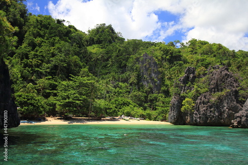 View of a pristine beach from a boat in the Philippines