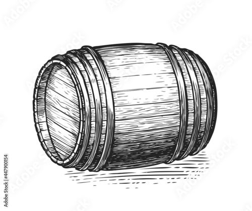 Oak wooden barrel sketch. Hand drawn engraving style. Vintage vector illustration