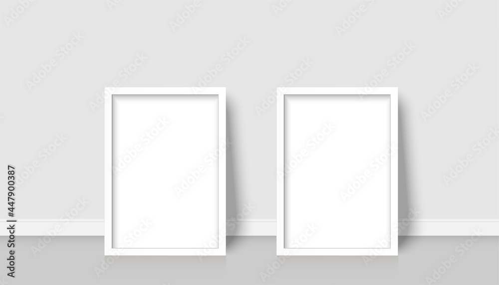 Blank photo frame standing in room. Image presentation white border. Vertical template with shadow vector illustrator. Blank photo frame standing in room. Image presentation white border. Vertical template with shadow vector illustrator.