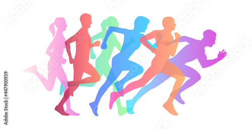 Graphic composition of people running maraphone, gradient silhouettes from jogging to speed run