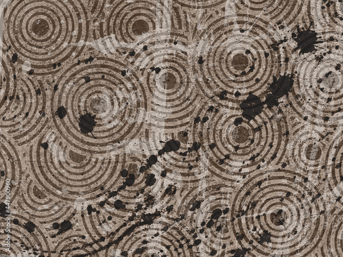 Brown watercolor on paper texture. Abstract pattern with circles motif and stains. Destroyed surface. 