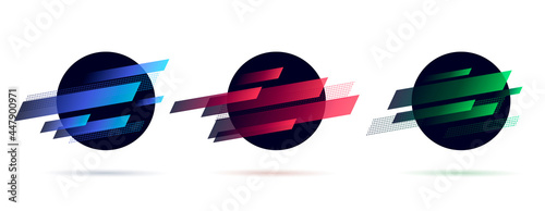 Set of dynamic graphic elements, circle shapes with random stripes, planet space abstract label