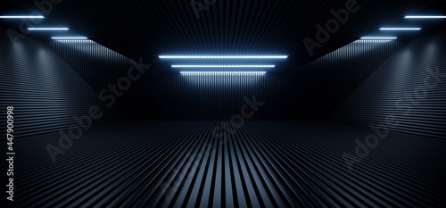 Fototapeta Naklejka Na Ścianę i Meble -  Neon Laser Blue White Led Lights Sci Fi Futuristic Modern Spaceship Dark Tunnel Corridor Hangar Garage Metal Glossy Showroom Empty Stage 3D Rendering