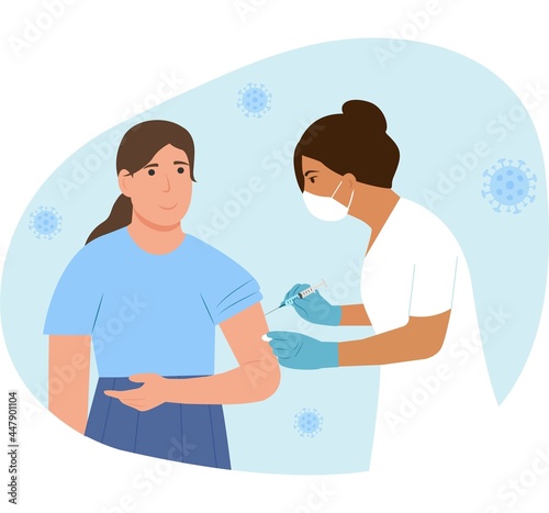 A doctor in a clinic giving a  vaccine to a woman. Vaccination adult concept. Immunization of adults, covid vaccine. Happy patient.Flat vector llustration.