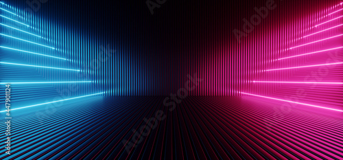 Neon Laser Vibrant Glowing Sci Fi Futuristic Stage Glossy Metal Club Showroom Cyber Hangar Warehouse Background Purple Blue Glowing 3D Rendering