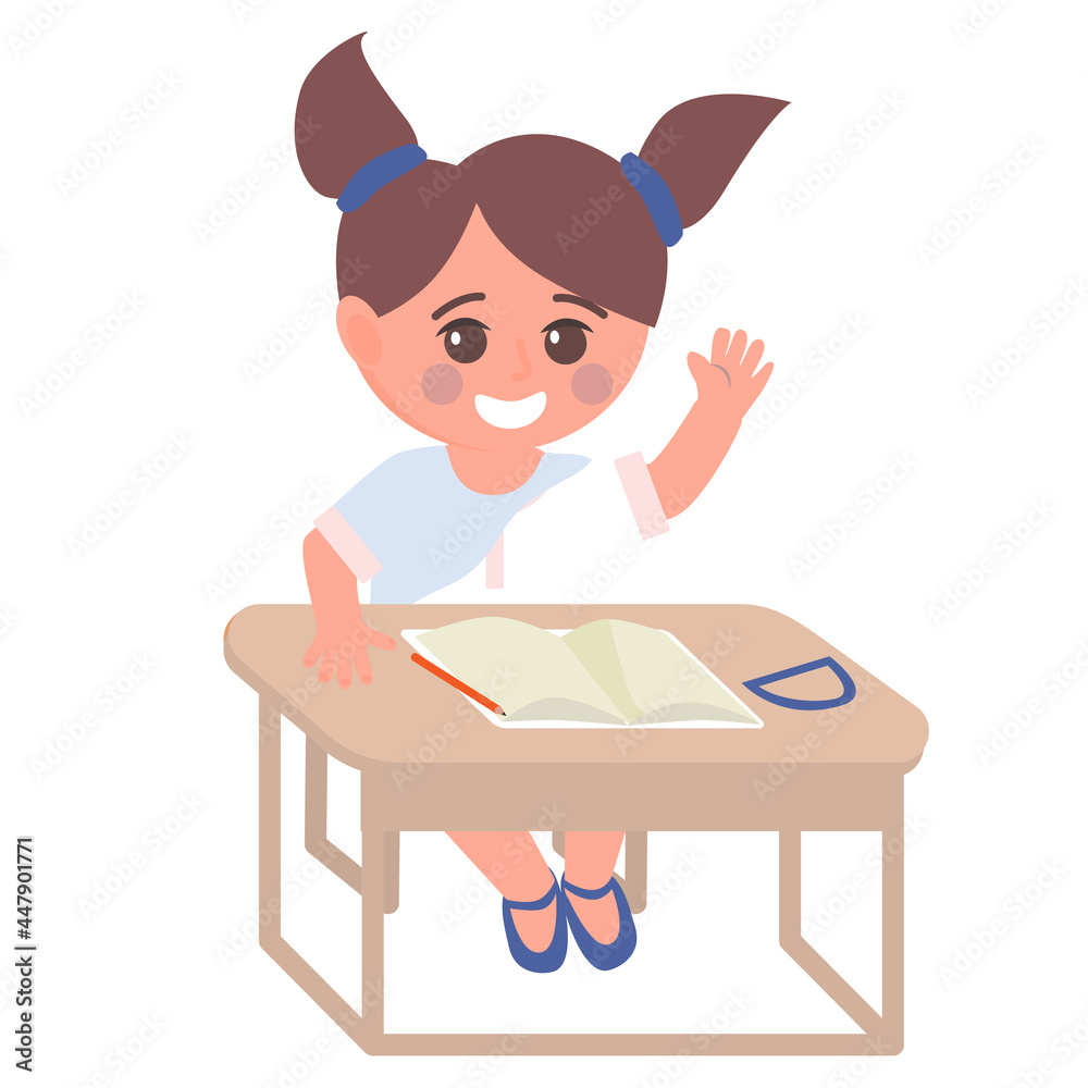 Cute school girl character studing at the desk isolated vector illustration. Back to school concept. Cute school girl character studing at the desk isolated vector illustration. Back to school concept.