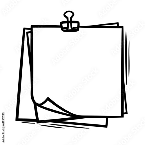 Doodle paper with paperclip and bent corner. Empty sheets with clip for memos and labels. Doodle vector illustration isolated in white background