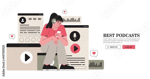 Woman hold smartphone with pocast, live streaming, show or watch video online in mobile application. Female character with headphones listen to blogger or vlogger, educational course or program.