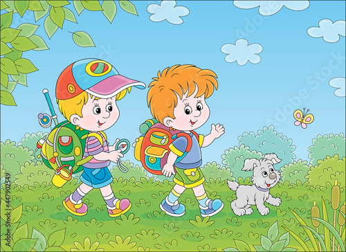 Cheerful little boys backpackers with a tourist compass and rucksacks, friendly smiling, talking and walking with their merry pup on summer vacation, vector cartoon illustration photo