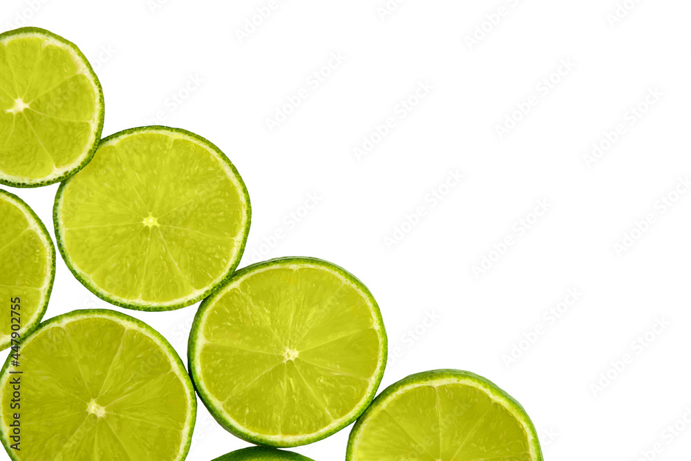 Round slices of lime isolated on white background.